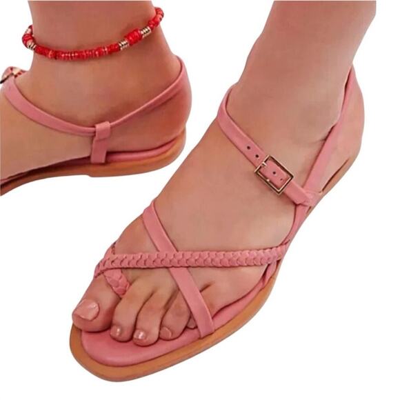 Free People Sunny Days Flat Sandal Sz 8.5 Pink Ankle Strap Adjustable Padded New - Picture 2 of 9